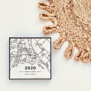 May include: A black and white map print with the text "2020 Mehloic Home 35.2610&deg; N / 80.6888&deg; W" in a black frame.
