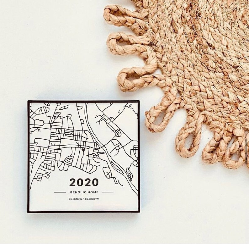 May include: A black and white map print with the text "2020 Mehloic Home 35.2610&deg; N / 80.6888&deg; W" in a black frame.