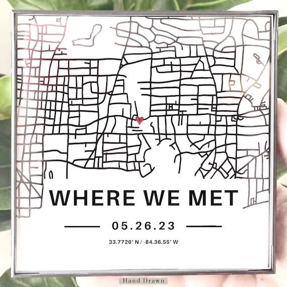 Where We Met Map, Hand Drawn Custom Coordinates Print, First Date Gift, Personalized Anniversary Gift, Custom Map Wall Art