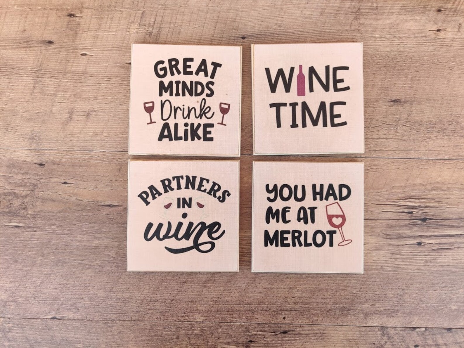 Wine Pun Wooden Drink Coasters Four Piece Set Funny Wine Etsy