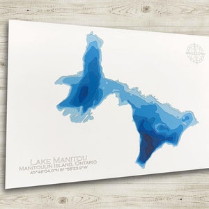 12 x 18 pouces, carte bathymétrique du lac Manitou, île Manitoulin, papier découpé, 12 x 18 pouces