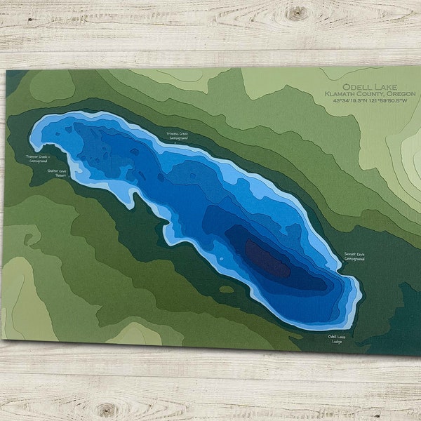 11"x17" Odell Lake | Klamath County, Oregon | Papercut Topographic and Bathymetric Map, 11x17