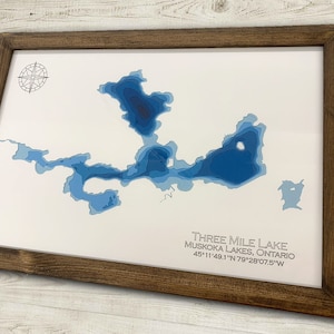Muskoka Lakes Ontario, carte bathymétrique en papier découpé du lac Three Mile 12 x 12 ou 12 x 18 - Art mural