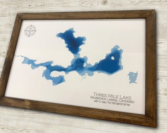 Muskoka Lakes Ontario Bathymetrische Papercut-Karte von Three Mile Lake 12x12 oder 12x18 - Wandkunst-Dekor