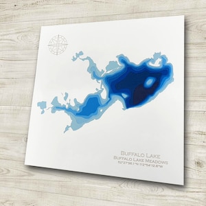 12 x 12 inch Buffalo Lake, Manitoba, papercut bathymetrische kaart, 12 x 12 inch