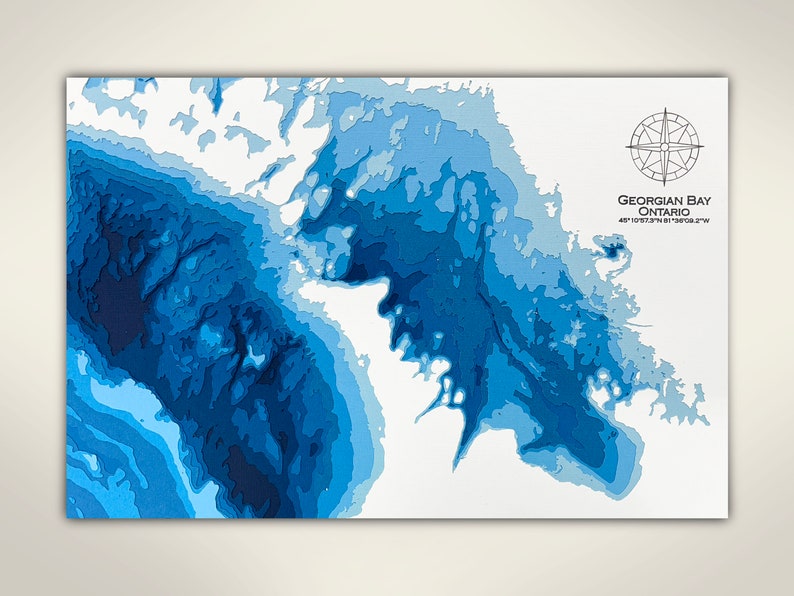 Puede incluir: Un mapa topogr&aacute;fico azul y blanco de la Bah&iacute;a Georgiana, Ontario. El mapa presenta una rosa de los vientos y el texto "Georgian Bay Ontario 44.7073&deg;N 81.3868&deg;W".