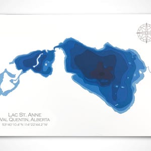 12 x 18 pouces, carte bathymétrique du lac Sainte-Anne, Val Quentin, Alberta, papier découpé, 12 x 18 pouces