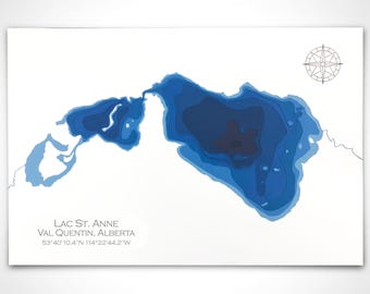 12"x18" Lac St. Anne, Val Quentin, Alberta, Papercut Bathymetric Map, 12x18