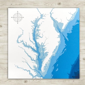 Baie de Chesapeake, carte bathymétrique papier, 12 x 12