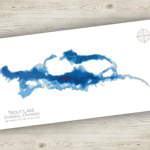 12 x 24 po. Trout Lake, North Bay (Ontario), carte bathymétrique en papier découpé, 12 x 24 po.