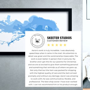 Op de afbeelding: Een klantbeoordeling voor Skeeter Studios, een bedrijf dat uw herinneringen tot leven brengt. De beoordeling is positief, met vijf sterren en een lovend getuigenis over de kwaliteit van het werk en de klantenservice.