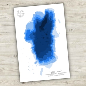 12"x18" Lake Tahoe, USA, Papierschnitt Bathymetrische Karte, 12x18 | Wandkunst | Poster | Drucken | Landkarte Kunst | Kabine Wand Dekor