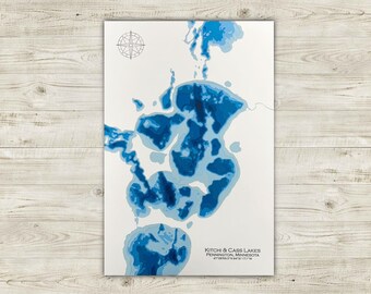 Kitchi & Crass Lakes, Pennington Minnesota, Original Papercut Bathymetric Map, 12x18