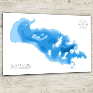 12"x18"Lake Clear, Eganville Ontario, mappa batimetrica ritagliata su carta, 12x18