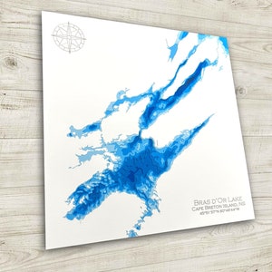12 x 12 po, carte bathymétrique du lac Bras d'Or, île du Cap-Breton, Nouvelle-Écosse, 12 x 18 pouces