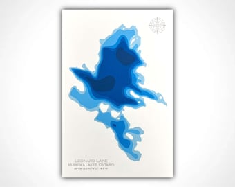 12"x18" Leonard Lake, Muskoka Lakes Ontario, Papercut Bathymetric Map, 12x18