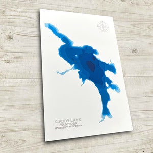 12 x 18 inch Caddy Lake, Whiteshell River, Manitoba, papercut bathymetrische kaart, 12 x 18 inch