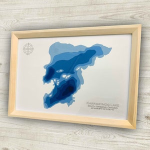 12 x 18 inch Kawawaymog Lake, South Nipissing Ontario, papercut bathymetrische kaart, 12 x 18