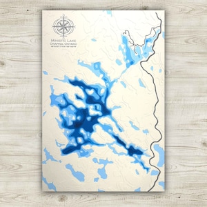 Ministic Lake, Otter Lake, Onaping Falls Ontario, Papercut Bathymetric Map, 12x18, Sudbury Ontario