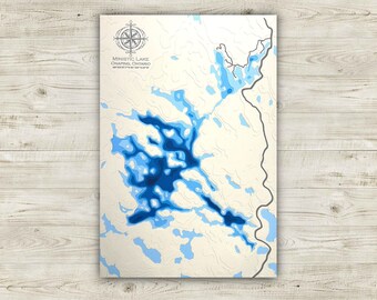 Ministic Lake Papercut Map: Sudbury, Ontario Bathymetric Art (12x18)