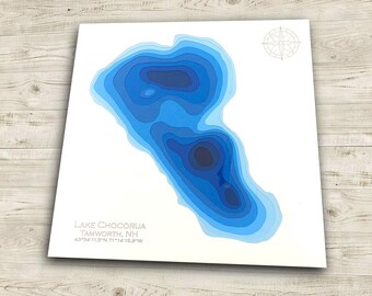 12"x12" Lake Chocorua, Tamworth, NH, Papercut Bathymetric Map, 12x12