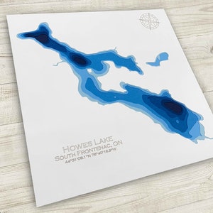 12 x 18 po. Carte bathymétrique du lac Howes, Frontenac sud, Ontario, oeuvre d'art murale 12 x 18 po. | affiche | Imprimer | Art de la carte | Décoration murale pour cabane
