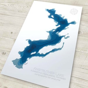 12 x 18 pouces, carte bathymétrique du lac Anstruther, hautes terres de Kawartha, Ontario, papier découpé, 12 x 18 pouces