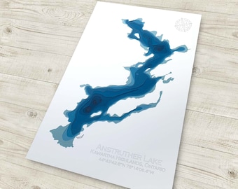 12"x18" Anstruther Lake, Kawartha Highlands, Ontario, Papercut Bathymetric Map, 12x18