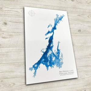12"x18"Big Rideau Lake, Portland, Ontario / Il canale Rideau / Mappa batimetrica ritagliata su carta, 12x18