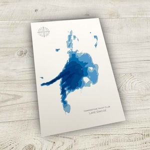 May include: A blue and white map of a lake with the text "Hawkesstone Yacht Club Lake Simcoe" at the bottom.