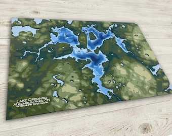 Mapa topográfico y batimétrico recortado en papel del lago Opeongo, parque provincial Algonquin, Ontario, 12 x 18 pulgadas