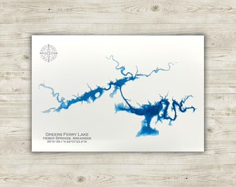Greers Ferry Lake, Arkansas, Original Bathymetric Map, 12x18 Ozark Mountain Lakes
