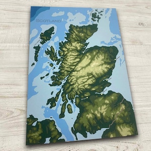Mapa de Escocia de 11" x 17", recuerdo de Escocia, mapa topográfico y batimétrico recortado en papel, 11 x 17, arte mural, póster, impresión, arte de mapas