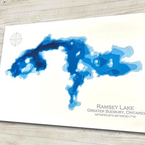Ramsey Lake Sudbury Ontario, mappa batimetrica ritagliata su carta, 12x18 18x24