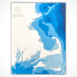 Massachusetts | Boston, Salem, Newport, Cape Cod Bay | 8" x 10", 12" x 18" of 18" x 24" | Papercut bathymetrische kaart, kunst aan de muur | Poster | Afdrukken