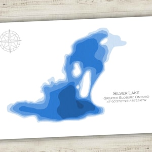 12 x 18 inch Silver Lake, Greater Sudbury Ontario, papercut bathymetrische kaart, 12 x 18, Sudbury
