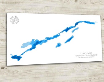 12" x 24" Long Lake Sudbury Ontario, Papercut Bathymetric Map Wall Art | Poster | Print | Map Art | Cabin Wall Decor