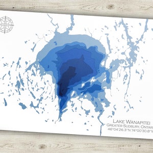 12 x 18 po. Lac Wanapitei Sudbury Ontario, carte bathymétrique papier découpée (11 x 17 pouces) Art mural | affiche | Imprimer | Art de la carte | Décoration murale pour cabane
