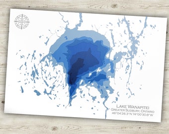 12&quot; x 18&quot; Lake Wanapitei Sudbury Ontario, Papercut Bathymetric Map (11x17 shown) Wall Art | Poster | Print | Map Art | Cabin Wall Decor