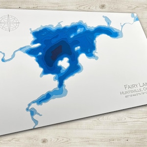 12 x 18 inch Fairy Lake, Huntsville, Ontario, papercut bathymetrische kaart, 12 x 18 inch