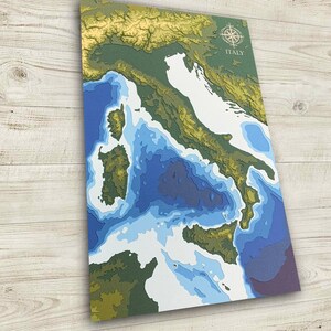 Mappa dell'Italia 11"x17", Souvenir dell'Italia, Mappa topografica e batimetrica ritagliata su carta, 11x17 / Arte murale / Poster / Stampa / Arte della mappa