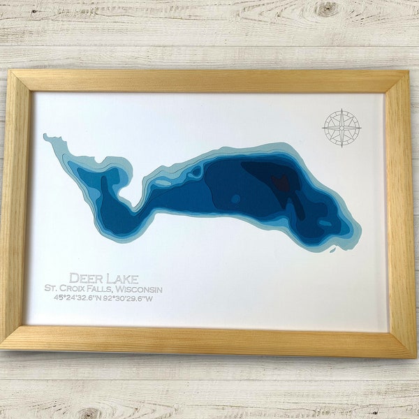 12"x18" Deer Lake, St.Croix Falls, Wisconsin, Papercut Bathymetric Map, 12x18 Wall Art | Poster | Print | Map Art | Cabin Wall Decor