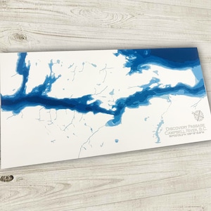 30 x 24 po. Discovery Passage, Campbell River, île de Vancouver, Colombie-Britannique, carte bathymétrique papier découpée, 12 x 24 po.