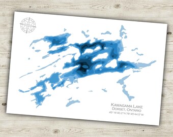 12"x18" Kawagama Lake, Dorset Ontario , Papercut Bathymetric Map, 12x18