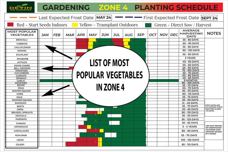 Zone 4 Garden Planting Schedule, Garden Poster, Garden Organizer, Seed