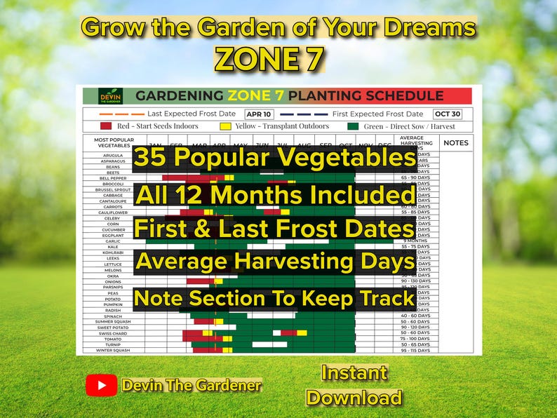 May include: A green, red, and yellow chart titled "Gardening Zone 7 Planting Schedule" lists 35 popular vegetables with their average harvesting days. The chart includes the last expected frost date of April 10th and the first expected frost date of October 30th. The chart also includes notes for each vegetable.