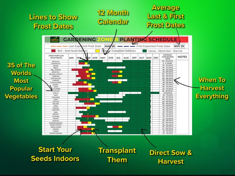 Zone 8 Planting Schedule Printable, Vegetable Garden Calendar, Seed ...