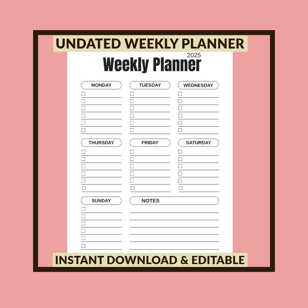 Undated Weekly Planner 2025 – Minimalist Digital Schedule (instant ...