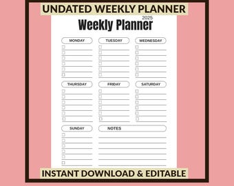 Undated Weekly Planner 2025 – Minimalist Digital Schedule (Instant Download)