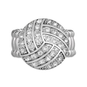 May include: A silver ring with a round, clear crystal volleyball design. The ring is adjustable and has a textured band.